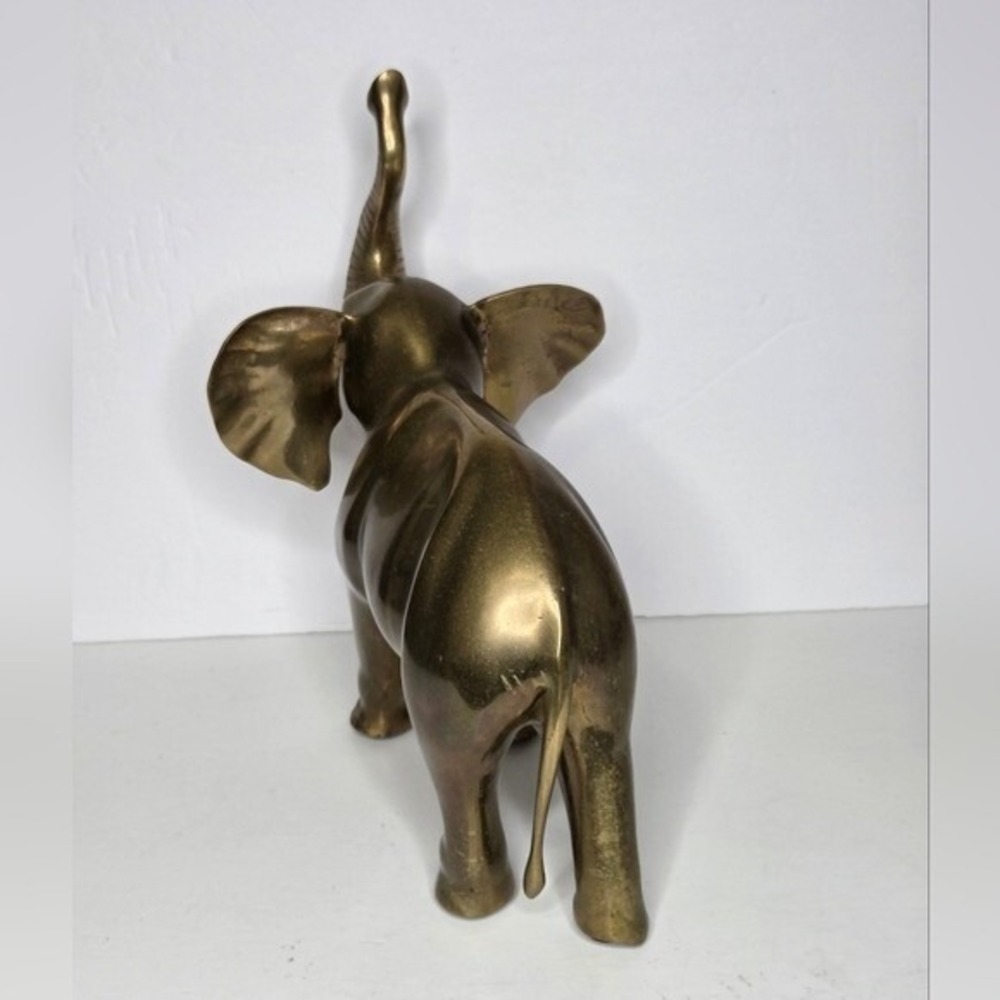 Vintage Mid Century Solid Brass Elephant Figurine Trunks Up Good Luck Decor 13" - Picture 6 of 11